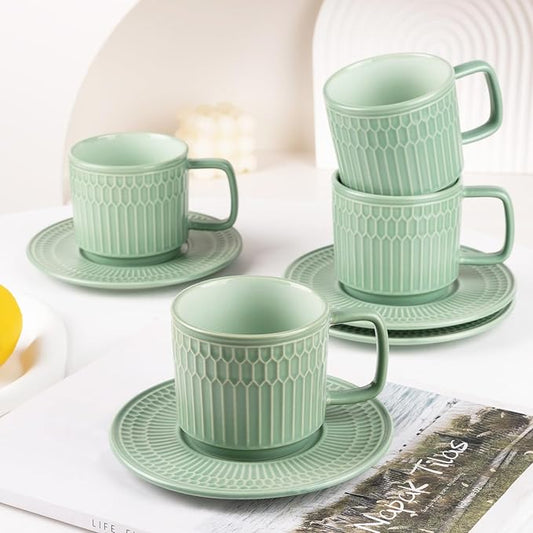 Large Cappuccino Cups with Saucers Set of 4, 8 Ounce Stackable Embossed Ceramic Coffee Mugs for Specialty Coffee Drinks, Latte, Cafe Mocha and Tea, Dishwasher & Microwave Safe (Green)-Ruum Studio Home