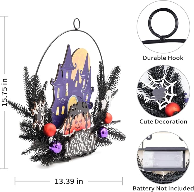 Lighted Halloween Wreaths for Front Door, Welcome Metal Wooden Door Wreath Decor Hanging Sign, 30 LED Lighted Wall Decor Battery Operated for Halloween Indoor Outdoor (Spider)-Ruum Studio Home