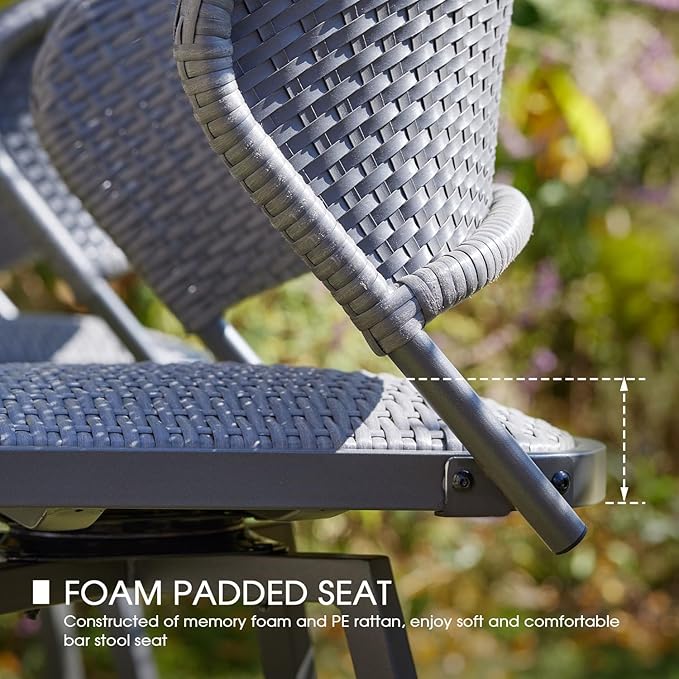 VICLLAX Patio Bar Stool Chairs with Footrests and Padded Seat, Bar Height Swivel Patio Chairs Set of 6, Woven Wicker Swivel Bar Stools for Lawn Garden, Grey-Ruum Studio Home