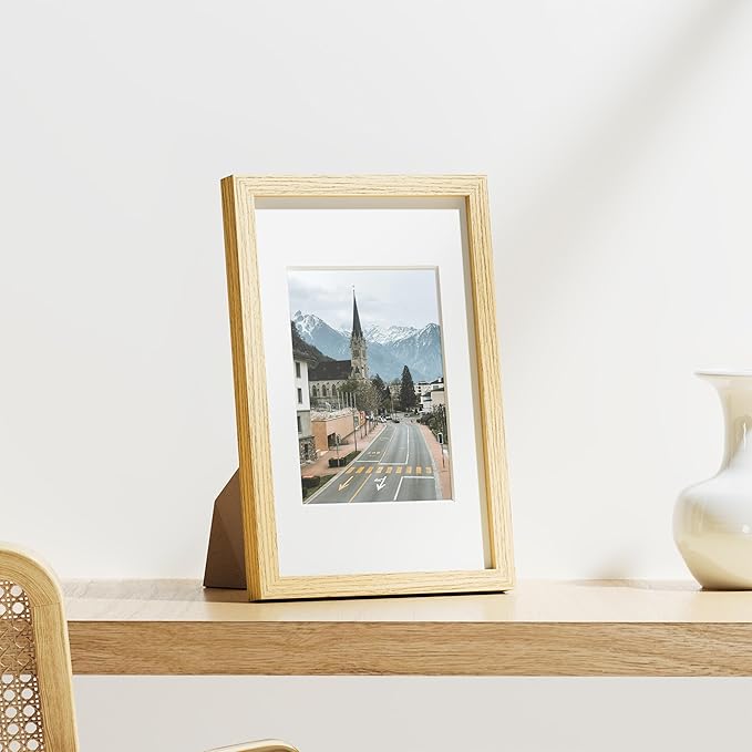 Vittanly 8x12 Picture Frames Set of 9, Shatter Resistant Plexiglass, Display 6x8 Pictures with Mat or 8x12 without Mat, Photo Frames for Wall or Tabletop, Engineered Wood, OAK-Ruum Studio Home