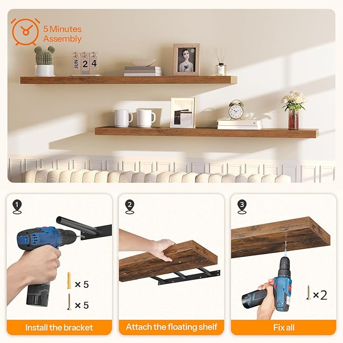 HOOBRO Floating Shelves for Wall, Wall Mounted Shelf Set of 2, 55" Hanging Shelf with Invisible Brackets, for Wall in Bathroom, Bedroom, Toilet, Kitchen, Living Room, Office, Rustic Brown BF140BJP201-Ruum Studio Home