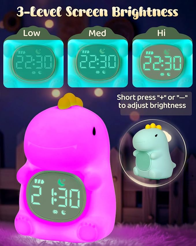 Dinosaus Alarm Clock for Kids with Night Light, Sleep Training Clock Time to Wake Clock, Rechargeable Silicone Light for Bedroom, Perfect Sleep Companion for Boys Girls-Ruum Studio Home