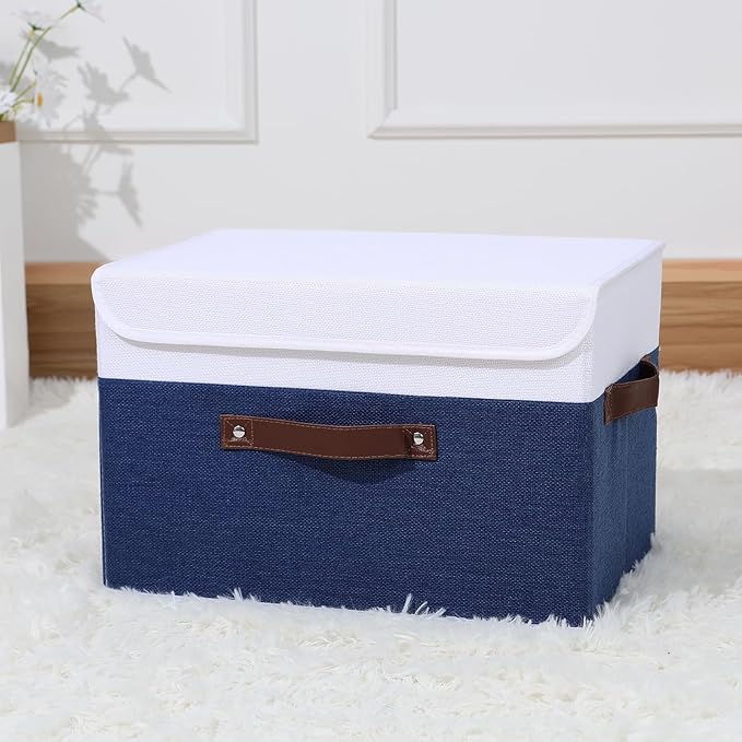 ANMINY Storage Boxes with Lids Washable Decorative Storage Bins Basket with PU Leather Handle Foldable Linen Fabric Storage Cubes Containers for Home Closet Organizer - Deep Blue White, Large Size-Ruum Studio Home