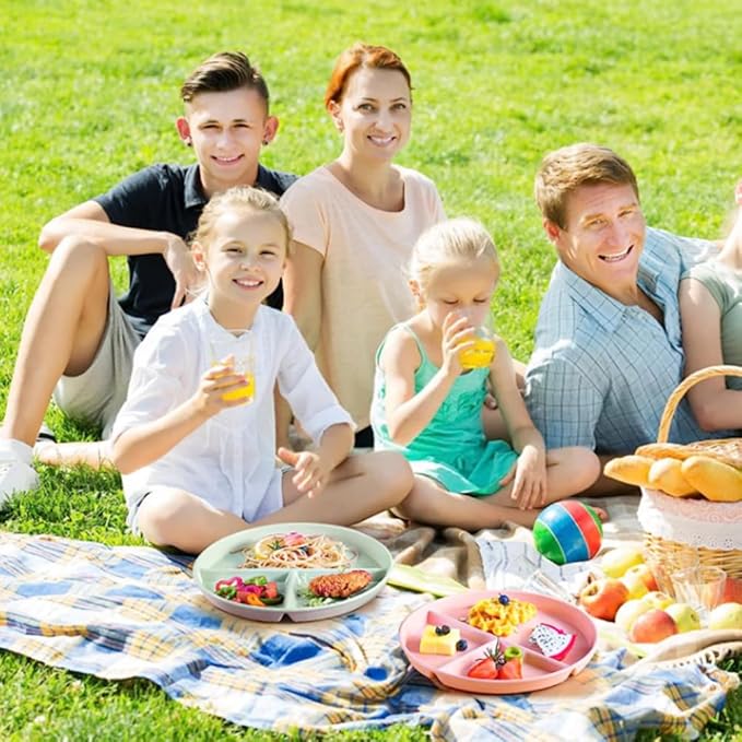 9" Unbreakable Divided Plates Set of 5, Wheat Straw Plate Reusable Dinnerware Portion Control Plates, Round Bariatric Plastic Plate for Kids Adults, BPA-free, Dishwasher Safe-Ruum Studio Home