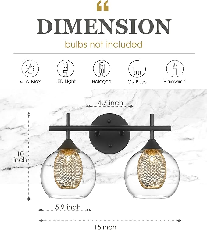 Black and Gold Bathroom Light Fixture, Farmhouse Wall Sconce Lighting with Clear Glass and Honeycomb Metal Shade, 2-Light Black Brass Vanity Light Over Mirror, AD-22001-2W-BK-Ruum Studio Home