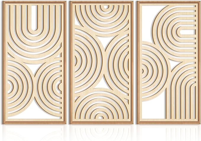IARTTOP Large Boho Wood Wall Art Set of 3 Framed Wooden Mid-century Modern Wall Decor Minimalist Modern Abstract Geometric Decor for Living Room Bedroom Office-16x32 Inch-Ruum Studio Home