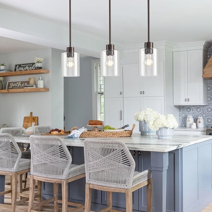 Oil Rubbed Bronze Pendant Lights Kitchen Island - Clear Glass Pendant Light Fixture Multiple Stems Rods 3 Units 12 Inch 3 Units 4 Inch (3 Pack Oil Rubbed Bronze Downrod)-Ruum Studio Home
