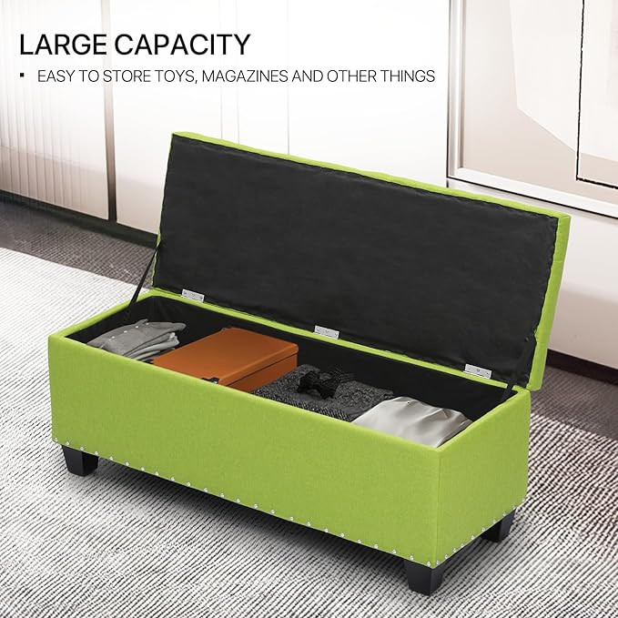 MoNiBloom 42 Inch Long Bench with Storage, Modern 40L Inner Space Green Linen Foot Stool for Bedroom, Upholstered Padded Rectangular Fabric Tufted Bench Footrest with Wood Legs with 660 Lbs Capacity-Ruum Studio Home