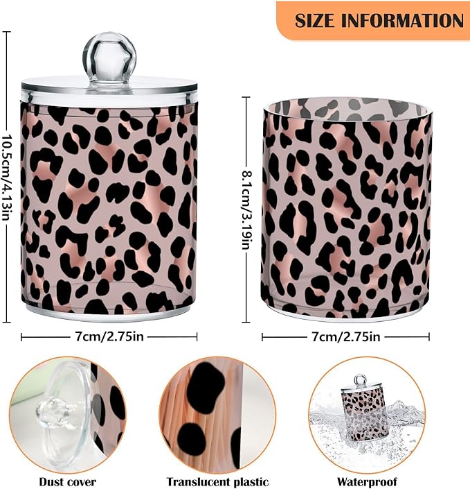 2 Pack Qtip Holder Dispenser Rose Gold Black Leopard Bathroom Storage Canister Lid Acrylic Plastic Apothecary Jar Set Vanity Makeup Organizer for Cotton Swab/Ball/Round Pads, Floss-Ruum Studio Home