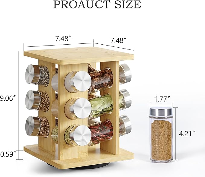 WelFurGeer Bamboo Spice Rack Organizer for Countertop, Revolving Spice Shelf with 12 Glass Jars, Lids & Labels, Desktop Rotating Seasoning Organizer for Kitchens, Space-Saving Design-Ruum Studio Home