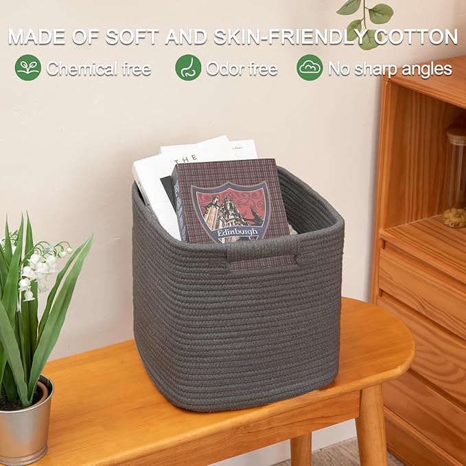 OIAHOMY Storage Cubes 11 Inch Storage Bins-3 Pack, Cotton Rope Woven Baskets for Organizing, Square Baskets for Shelves Organizer, Classroom, Toy Basket, DarK Grey-Ruum Studio Home