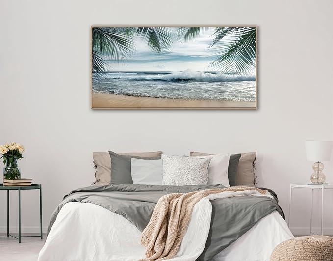 Framed Tropical Beach Wall Art - Ocean Waves Canvas Pictures Coastal Blue Sky and Sea Print Seaside Palm Tree Leaves Scene Painting Artwork Living Room Bedroom Office Home Decor 29" x 58"-Ruum Studio Home