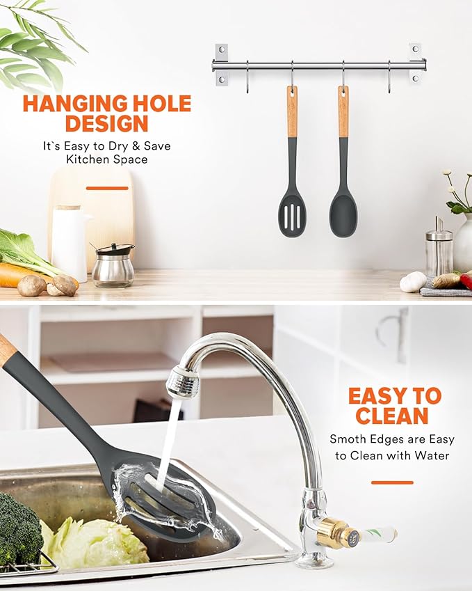 Silicone Cooking Spoons, Great for Scooping Sides and Serving Hearty Stews, BPA-Free Matte Silicone, Wooden Handle Serving Spoon for Nonstick Cooking Surfaces (Grey)-Ruum Studio Home