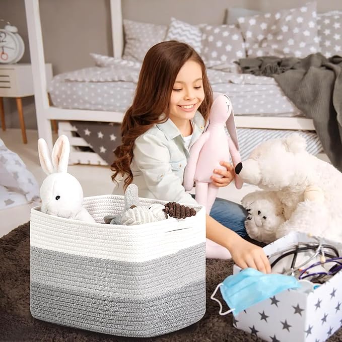 Storage Baskets for Organizing Shelves, Woven Cotton Rope Baskets for Storage Books Towels Toys, Organizing Baskets, Toy Basket for Nursery Bathroom, 15"x11"x9.5", 3 Packs, Gradient Grey-Ruum Studio Home