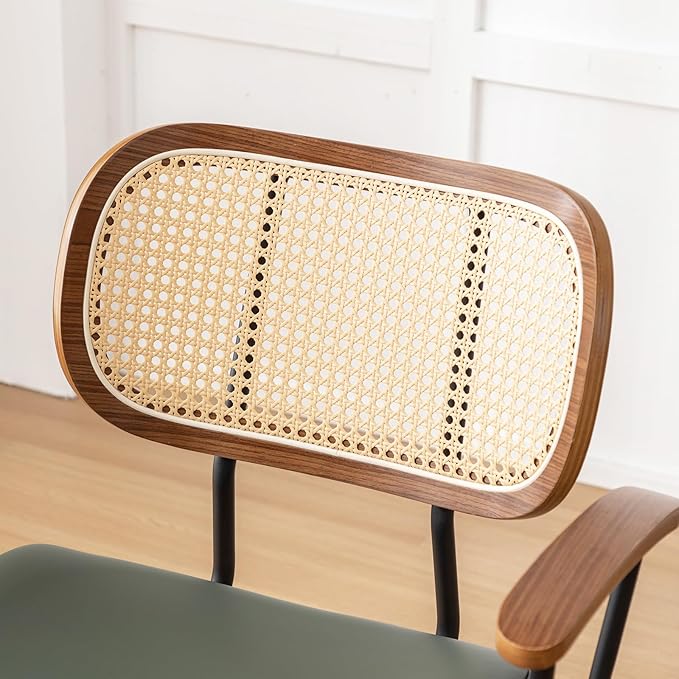 Rattan Dining Room Chairs Set of 2,Mid Century Modern Kitchen Side Chairs,Metal Legs Desk Chair,Faux Leather Accent Chair with Arms and Rattan Backrest Green PU-Ruum Studio Home