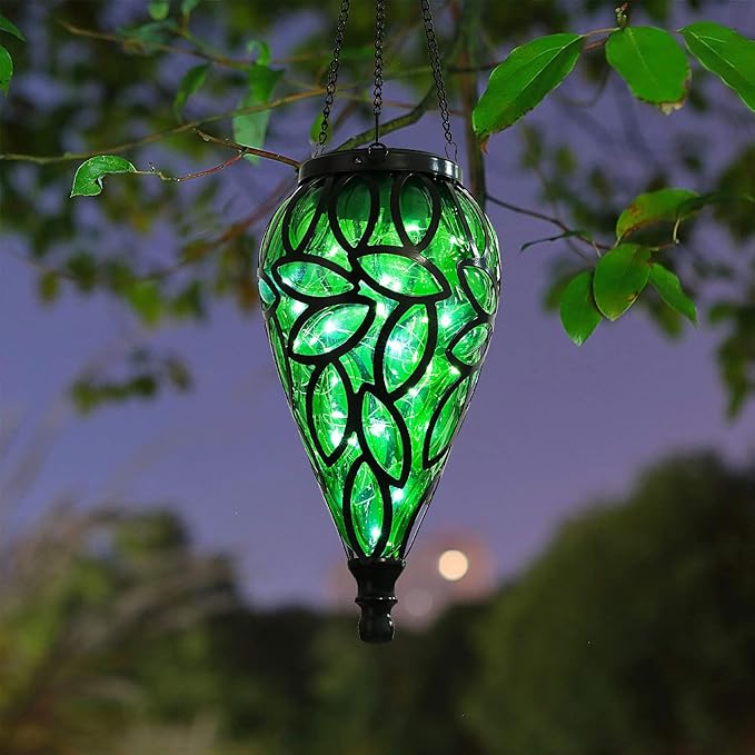 SUNNYPARK Outdoor Plastic Solar Hanging Lantern, 15 Cool White LEDs Twinkle Effect Tear-Shaped Hanging Lantern Decor Garden Decorative Solar Lights for Backyard, Patio and Lawn-Ruum Studio Home