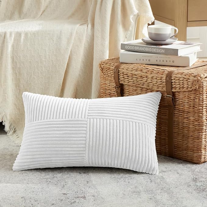 Fancy Homi 2 Packs White Lumbar Decorative Throw Pillow Covers 12x20 Inch for Living Room Couch Bed Sofa, Rustic Farmhouse Boho Home Decor, Soft Striped Corduroy Rectangle Accent Cushion Case 30x50 cm-Ruum Studio Home