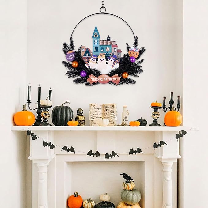 Lighted Halloween Wreaths for Front Door, Welcome Metal Wooden Door Wreath Decor Hanging Sign, 30 LED Lighted Wall Decor Battery Operated for Halloween Indoor Outdoor (Ghost)-Ruum Studio Home