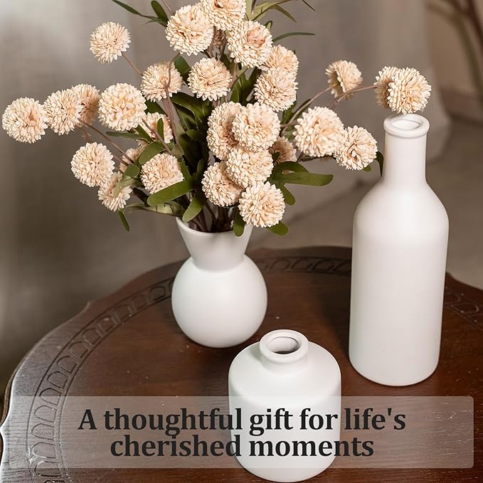 Fake Flowers in Vase for Centerpieces, Faux Flowers in Modern Ceramic Vase Set of 3 with 8 Artificial Autumn Chrysanthemums Home Decor-Ruum Studio Home