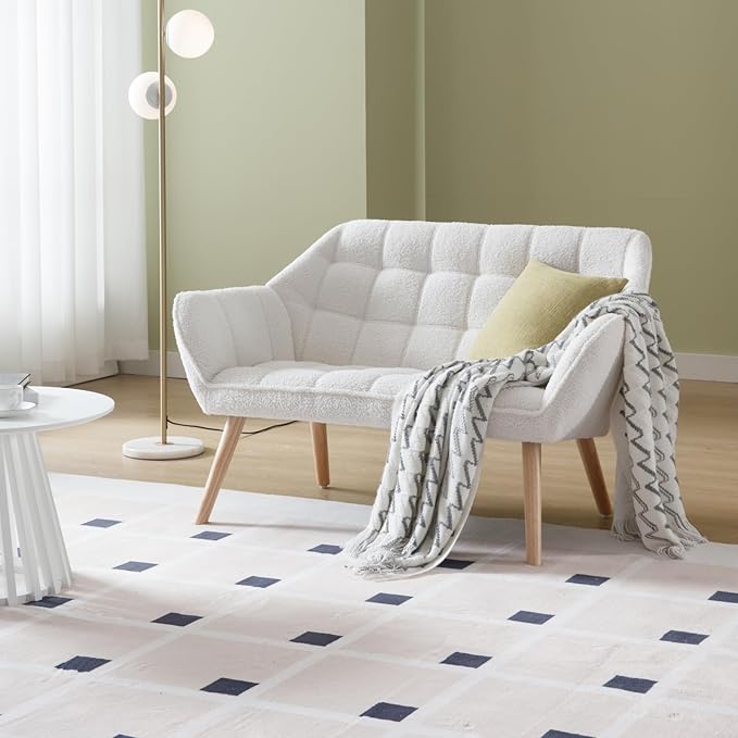 48" Small Loveseat Sofa, Modern Sherpa Mini Sofa Couch 2-Seater Fluffy Love Seat with Quilting Backs and Wood Legs for Living Room, Bedroom and Small Space, White-Ruum Studio Home