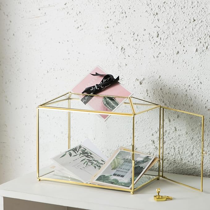 Glass Wedding Card Box with Slot, Large Clear Card Box 10.2 inch Gold Brass Gift Card Storage Box with Lock for Wedding Receptions, Baby Shower, Birthday Party, Bridal Shower-Ruum Studio Home