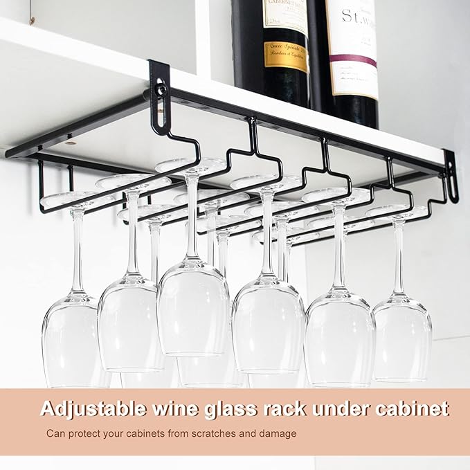 AUHOKY 2Pcs Adjustable Under Cabinet Stemware Metal Glass Holder, Hanging Wine Glass Storage Hanger Organizer for Shelf Kitchen Bar Decor(4 Rows, Black)-Ruum Studio Home