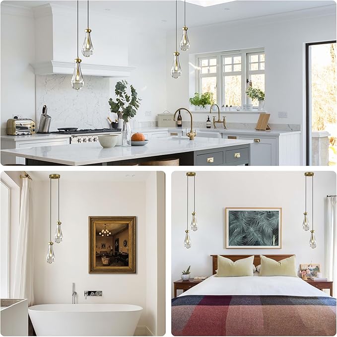 Brass Raindrop Pendant Lights Kitchen Island 2-Light, Cluster Gold Pendant Light Fixture for Bedroom, Dimmable Dining Room Light Fixture Hanging Pendant Lighting Ceiling Chandelier for Foyer-Ruum Studio Home