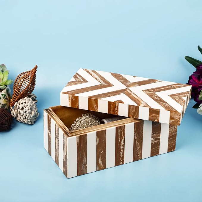 Handicrafts Home Handmade Chevron Pattern Decorative Box - Storage Organizer, Decor Centrepiece, Memory Keepsakes, Home Decor - Boho Style Treasure Box, Multipurpose Gift - Brown, 10x5x5-Ruum Studio Home