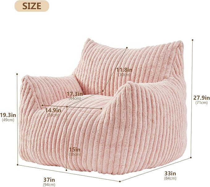 Giant Bean Bag Chairs for Adults Teens, Large Bean Bag Sofa Chairs with Filling Comfy Fuzzy BeanBag Chair with Armrests for Bedroom Living Room Reading-Ruum Studio Home