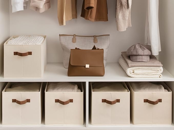 StorageWorks Storage Baskets for Shelves, Foldable Fabric Closet Storage Bins with PU Handles, Fabric Storage Bins Clothes Organizer, Ivory White, 3-Pack, Extra Large-Ruum Studio Home
