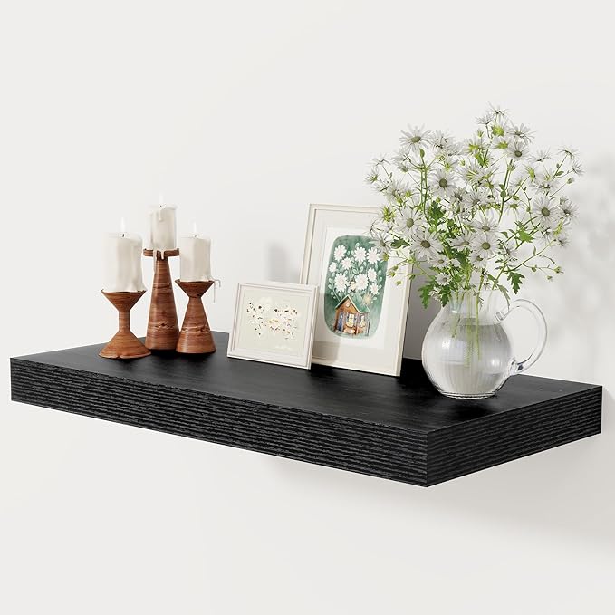 12 Inch Deep Black Floating Shelves, 24 x 12 Floating Shelf for Books, Rustic Wood Deep Wall Shelves for Home Storage & Display, 2" Thicked Shelves for Kitchen, Living Room, Bedroom, 1 Pack-Ruum Studio Home
