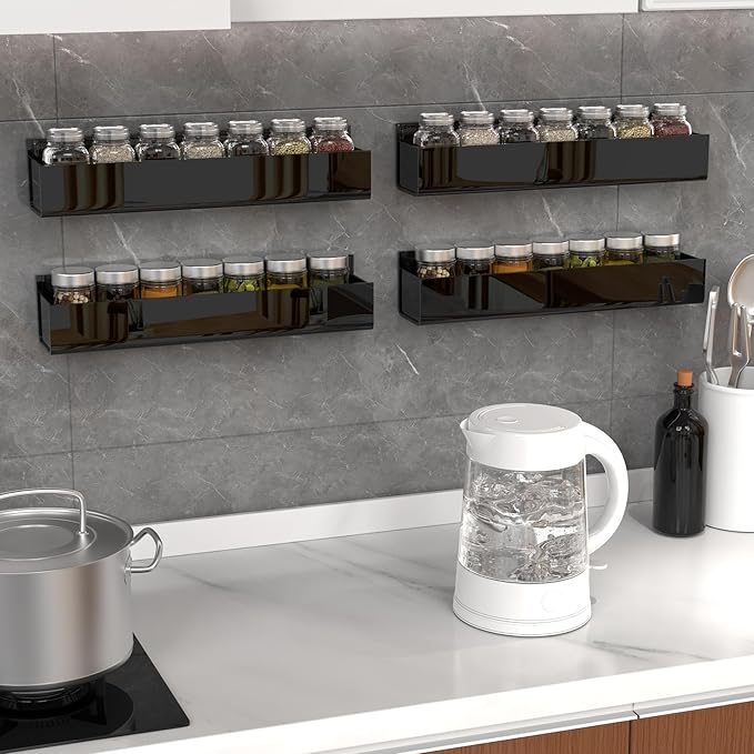 PMMASTO Adhesive Acrylic Spice Rack Organizer for Wall with Nano Double Sided Tape, Spice Shelf Organization for Kitchen Cabinet Door/Pantry Door, Wall Mount Seasoning Rack (Black - 4 Pack)-Ruum Studio Home