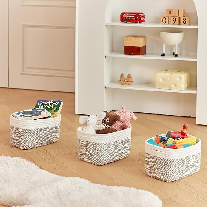 Small Cotton Rope Storage Basket Set of 3-11"x7"x7" Perfect Woven Baskets for Storage, Ideal Storage Baskets for Organizing Toys, Towels, and More - Baskets for Shelves（White & Mixed Grey）-Ruum Studio Home