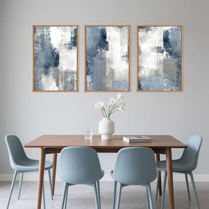LHIUEM Large Abstract Brush Strokes Framed Canvas Wall Art Set,Navy Blue and Gray Wall Decor,Modern Color Block Shape Artwork,Minimalist Neutral Blue Printing for Living Room,Bedroom, Office-16''x24''x3-Ruum Studio Home