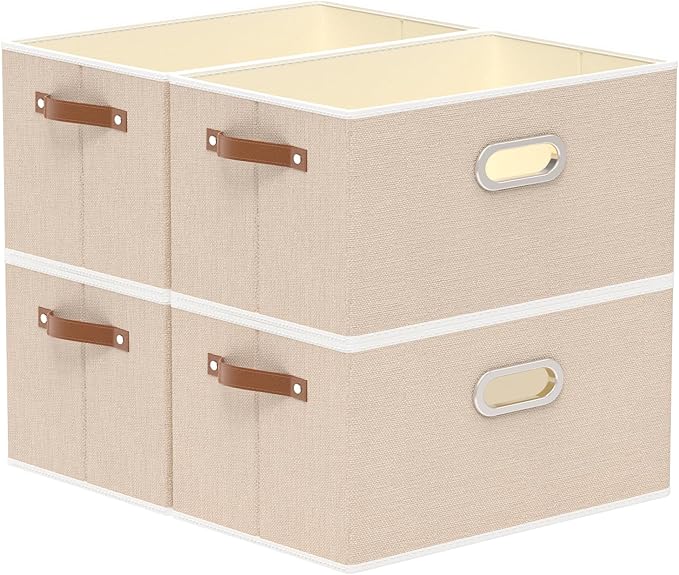 Yawinhe Collapsible Storage Box, Cube Storage Basket, Fabric Foldable Storage Bins Organizer Containers with Dual Leather Handles for Home Bedroom Closet Office,15.0 x 9.8 x 8.3 Inch, (Beige, 4-Pack)-Ruum Studio Home