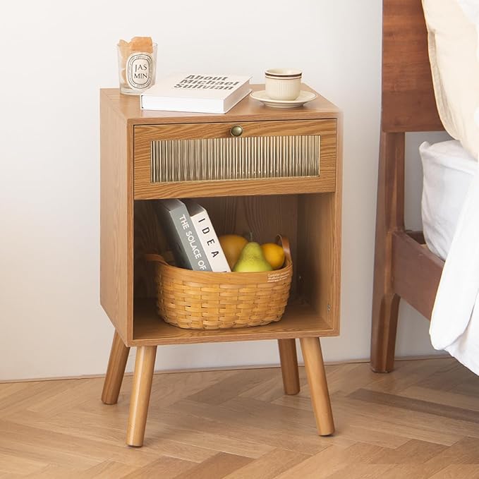 AWASEN Mid Century Nightstand, Bedside Table with Glass Storage Drawer and Large Open Shelf, Modern Night Stand Side End Table with Solid Legs for Bedroom, and Small Space, Brown-Ruum Studio Home
