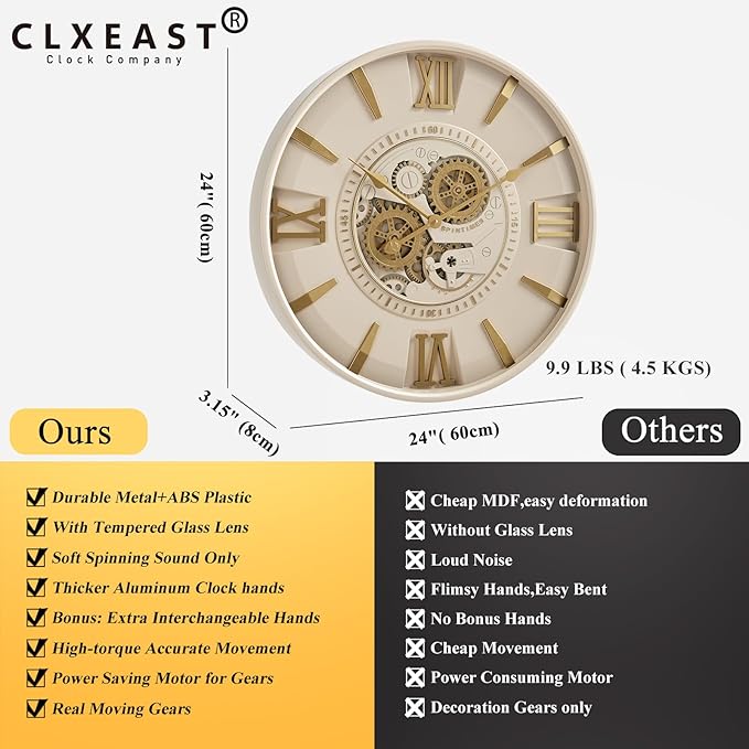CLXEAST Mid Century Minimalist Modern Wall Clocks,24 Inch Wall Clock with Moving Gears, Large Cream Gold Wall Clocks for Living Room Decor,House Warming Gifts New Home-Ruum Studio Home
