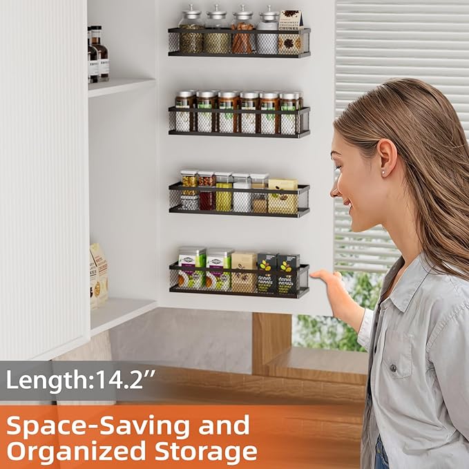 Spice Rack Wall Mount, 4 Pack Pantry Door Organizer & Hanging Storage Baskets Organizer Wall Mount, Large Capacity Metal Spice Shelf for Kitchen Cabinet, Pantry Doors, Bathroom, Shower, Home Decor-Ruum Studio Home