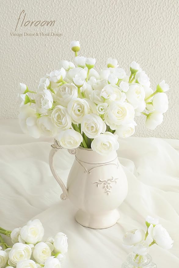 Floroom Ranunculus Artificial Flowers 18 Pcs Ivory Faux Silk Mini Ranunculus Bulk Fake Wedding Filler Flowers for DIY Bouquets, Centerpieces, Bridal Shower Decorations & Arrangements-Ruum Studio Home
