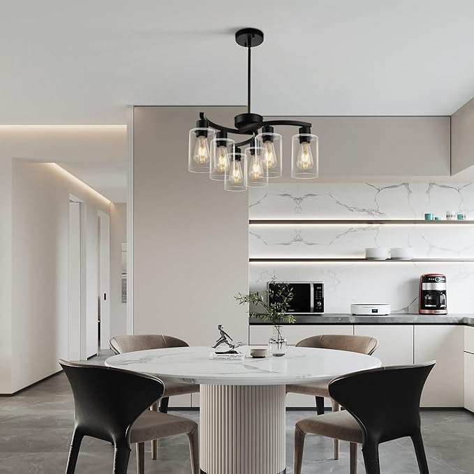 6 Light Modern Farmhouse Chandelier，Black Dining Room Light Fixture，Kitchen Pendant Lights Over Island with Glass Shade-Ruum Studio Home
