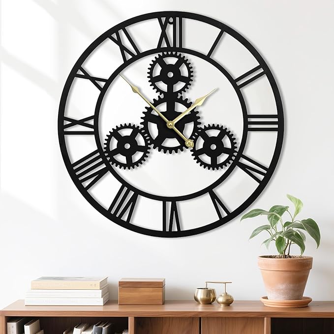 24inches/60cm Wall Clocks for Living Room Deco Non Ticking Silent Battery Operated Metal Modern Vintage Roman Numeral Oversized Gear Wall Clocks for Bedroom Kitchen Fireplace Office Farmhouse-Ruum Studio Home