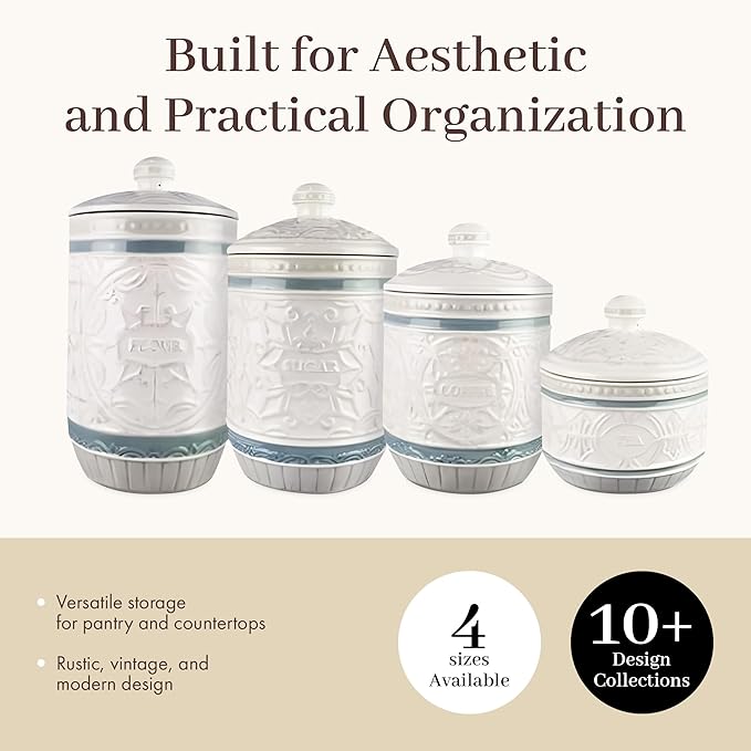 Young's Inc. 4 Pcs Set Casual Provincial Ceramic Canisters- Storage Container for Kitchen and Bathroom - Beautiful Home Decor Accent to Store Food, Coffee, Tea, and More - Green, White-Ruum Studio Home