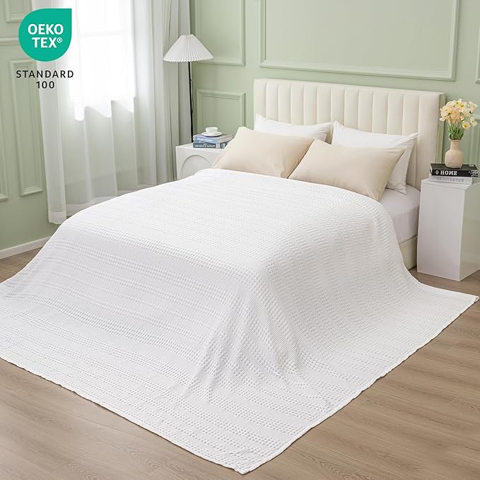 PHF Cooling Waffle Blanket California King Size, Lightweight 60% Rayon Derived from Bamboo & 40% Cotton Breathable Blanket for Hot Sleepers, Soft and Luxury for Bed Couch and Sofa, 110"x96", White-Ruum Studio Home