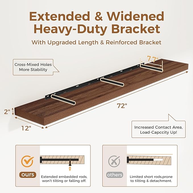 Fun Memories 72 Inch Floating Shelf, 12 Inch Deep Wall Shelf for Fireplace Mantel, Deep Storage Shelves for Home & Office, Wall Shelves with Invisible Bracket, Walnut, Set of 1-Ruum Studio Home