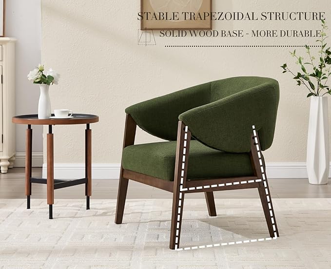 Mid-Century Modern Accent Chairs Set of 2, Comfy Barrel Armchairs with Wide Seat, Upholstered Lounge Chairs with Walnut Wood Legs for Living Room/Bedroom/Reading Corner, Linen Fabric, Deep Green-Ruum Studio Home