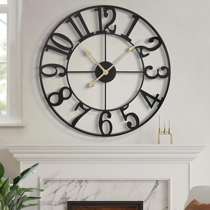 LEIKE Large Wall Clock, 24" Silent Non-Ticking, Battery Operated, Oversized, Decorative Retro Black Metal Clock for Living Room,Farmhouse, Dinner Room,Indoor, Outdoor Decor(60cm, Black Arabic Number)-Ruum Studio Home