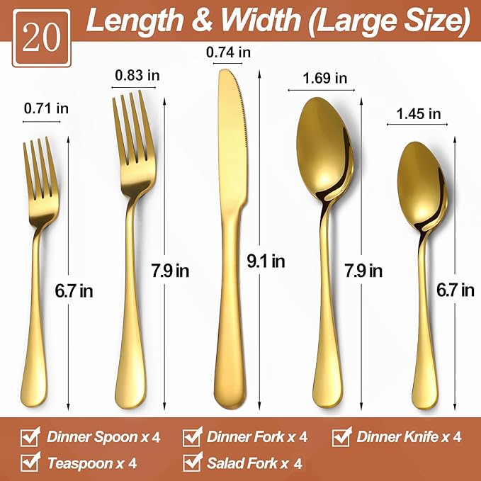 Lazycorner 20 Pcs Gold Silverware Set for 4, Food Grade Stainless Steel Flatware Set Include Fork/Knife/Spoon, Mirror Polished Eating Utensils Sets, Reusable Silverwear Cutlery Set, Dishwasher Safe-Ruum Studio Home