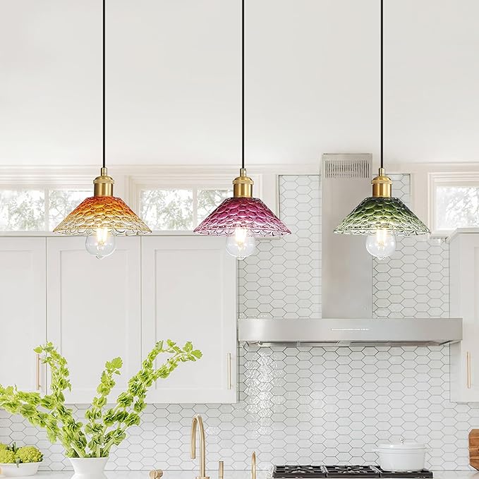 3-Light Pendant Lights Kitchen Island, Ceiling Hanging Lighting Fixtures, Colorful Vintage Glass Shade Pendants, Modern Gold Dining Room Chandeliers Height Adjustable for Farmhouse Living Room-Ruum Studio Home