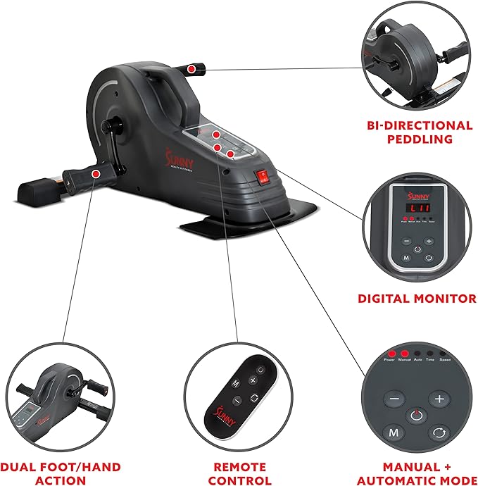 Sunny Health & Fitness Dual Function Under Desk Pedal Exerciser, Portable Indoor Cardio Mini Bike at Home, Arm/Leg Cycle for Seniors, Optional Magnetic, Motorized & Free SunnyFit App Bluetooth Connect-Ruum Studio Home