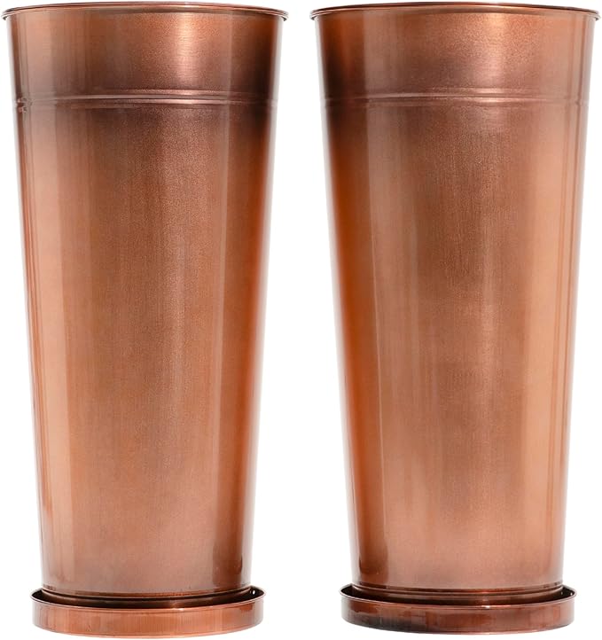 28in Tall Antique Copper Metal Vintage Planter Set of 2,Galvanized Steel Planter Pots for porches/Indoor/Outdoor/terraces Patio- Copper Color(2planters,2inner pots with Holes, 2trays)-Ruum Studio Home